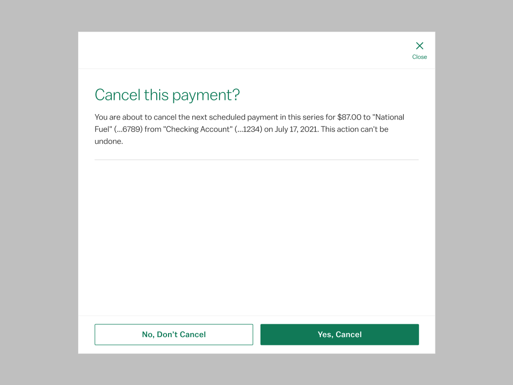 Screenshot of confirmation modal component.
